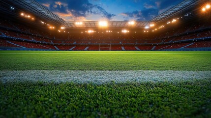 Empty stadium with bright lights at sunset, green field.