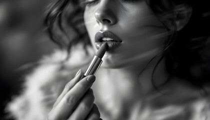 Obraz premium ファンタジーストーリー（モノクロームに刻まれた一瞬のモノローグ—赤い唇が引き立てる、魅惑的な女性の存在）