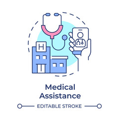 Medical assistance multi color concept icon. Access to healthcare. Travel management service. Round shape line illustration. Abstract idea. Graphic design. Easy to use in promotional material