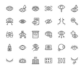 Vector outline set of eye and related such eyeball, tear, hidden password, health and robot eye technology concept, 48x48 pixel perfect editable stroke line for ux ui website, mobile application using