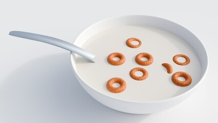 A 3d rendering of a bowl of cereal. The bowl is filled with milk, cereal rings are served in a simple, white, round bowl. 