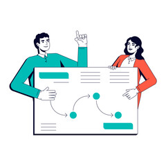 Planning vector illustration concept. Business strategy, marketing. Analysis, analytics. Colleagues presenting workflow diagram stylized cartoon characters isolated on white. Flat 2D line art