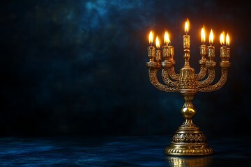 Fototapeta premium Illuminated Menorah Golden Hanukkah Candelabra with Burning Candles, Dark Background