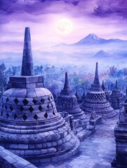 Ancient stone stupas under a full moon in a misty landscape with mountains and soft lighting in watercolor style