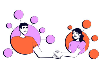 Coworkers vector illustration concept. Communication, relationships. Couple, together. Man and woman shaking hands in network nodes stylized cartoon characters isolated on white. Flat 2D line art
