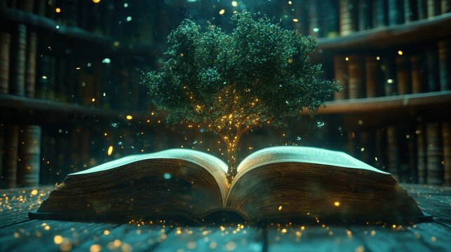 Enchanting tree emerging from open book in mystical library ambiance