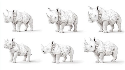Six Stippled White Rhinos on White Background