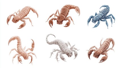 Six Stylized Scorpions in Brown Beige and Blue Pointillist Style