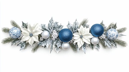 Elegant Christmas garland with blue and white ornaments, poinsettias, holly, and pine.