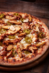 Gyros Pizza with jalapeno pepper and mozzarella cheese. Soft focus. Close up.