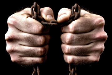 Fototapeta premium Strong Hands Gripping Rusty Chains in Dark Background Evoking Feelings of Struggle