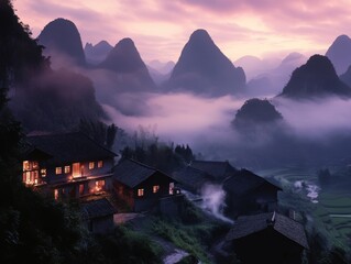 Quaint village glows softly in the valley as mist rolls over the surrounding hills during twilight