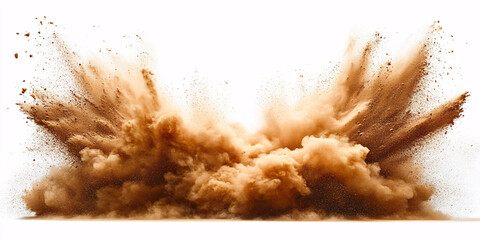 A powerful explosion of brown dust creates a dramatic cloud against a white background.
