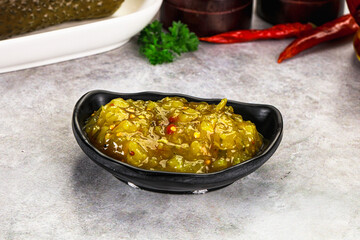 Souce gherkin relish with marinated cucumbers