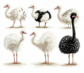 Obraz premium Six Young Emus in Various Plumages, Digitally Painted Illustration