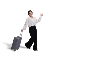 Cheerful young Asian woman holding suitcase with walking to the front, isolated on white background. Concept tourist holiday trip, cut out