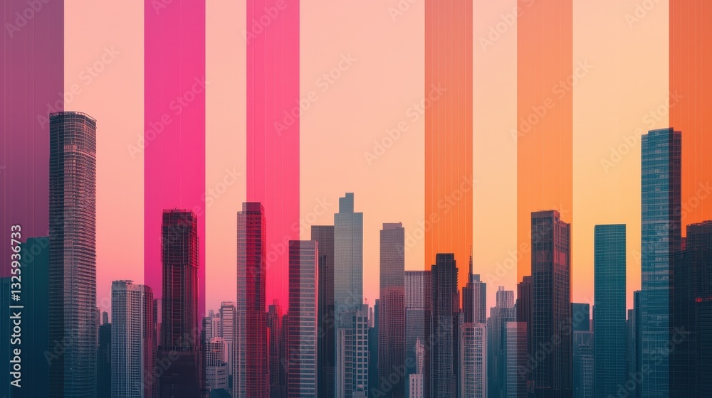Aufkleber a vibrant city skyline at sunset, featuring colorful vertical stripes that create a dynamic and mode