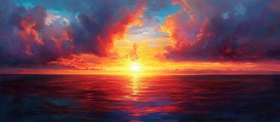Fototapeta premium Stunning Vibrant Sunset Over Ocean with Dramatic Clouds and Reflective Water Creating a Serene and Colorful Natural Landscape