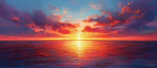 Fototapeta premium Stunning Ocean Sunset with Vibrant Colors and Dramatic Clouds Reflecting on Calm Water Horizon