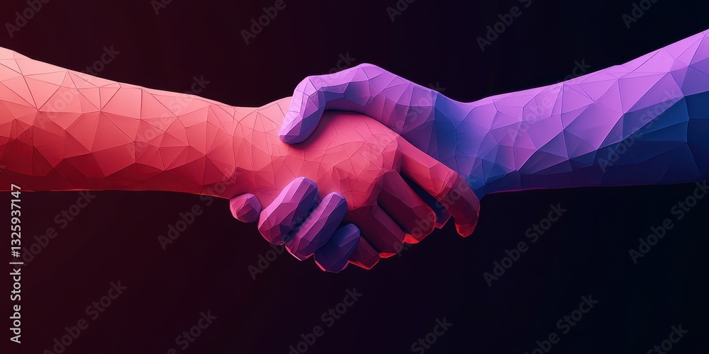 Poster Two stylized hands in a handshake, representing unity and collaboration, with a vibrant gradient background.