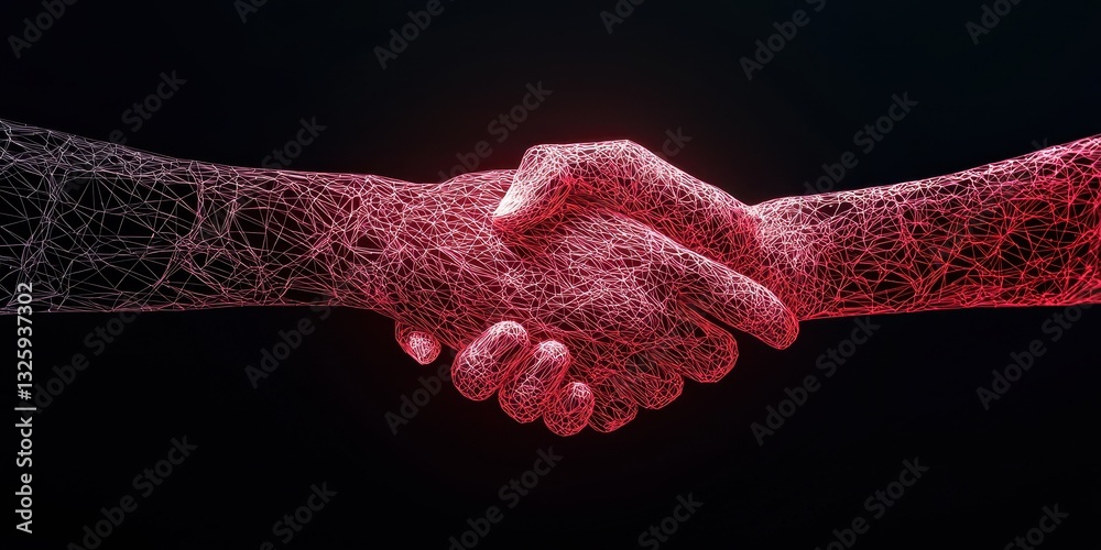 Poster a digital handshake symbolizes collaboration and connection in a tech-driven world, showcased throug