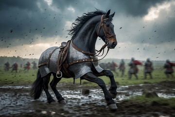 Horse is running in a muddy field