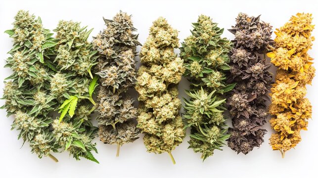 A diverse collection of fresh organic cannabis buds, featuring different strains and leaf shapes, laid out on a white background for maximum visual appeal