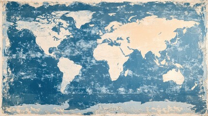 Fototapeta premium Vintage style world map in muted blue and cream with distressed texture