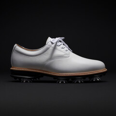 A white golf shoe with a clean leather upper and black rubber sole is displayed against a black background, highlighting its classic design and tied laces.