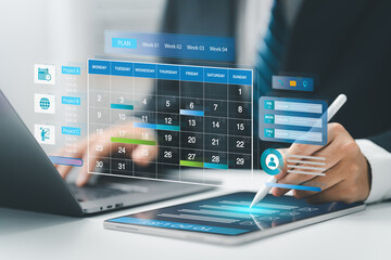 Business Planning Calendar Agenda work schedule and Project management concept. Businessman manages...