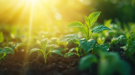 In a sunlit garden, a sweet potato plant is sprouting amidst lush greenery, highlighting its natural growth and vitality