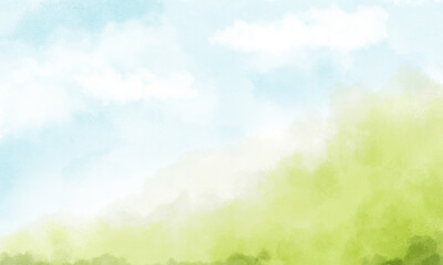 Summer rural landscape with hills under blue sky and white clouds. Watercolor digital illustration. Landscape view of green grass on mountain slope with blue sky and fluffy clouds