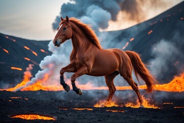Horse is running through a field of lava