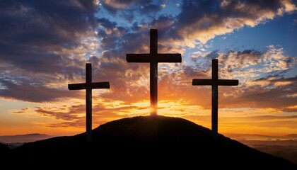 A powerful scene of three crosses silhouetted against a dramatic sunset sky, symbolizing Christ’s crucifixion and redemption. The vibrant colors of the sky enhance the solemn and sacred atmosphere.
