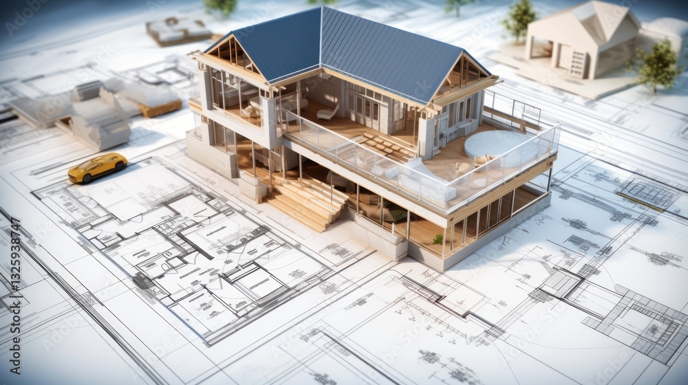 Wall mural vision of architecture of a 3d model house project with blueprint