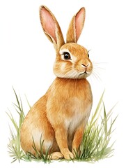 Obraz premium Adorable rabbit sitting gracefully in lush green grass against a bright white background in vibrant watercolor style