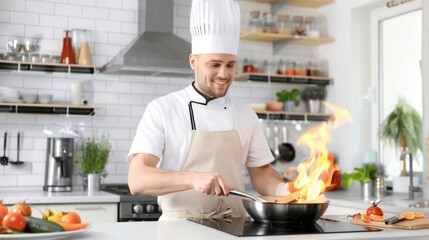 Chef Cooking in Modern Kitchen with Flame and Fresh Ingredients, Professional Restaurant Atmosphere