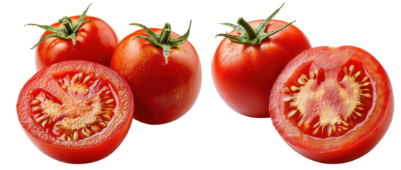 Fresh, juicy tomatoes, both whole and halved, isolated on white.

