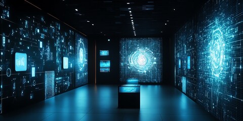 Futuristic Data Center Room with Glowing Digital Displays and Information