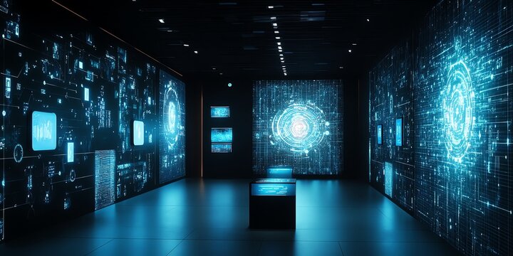 Futuristic Data Center Room with Glowing Digital Displays and Information