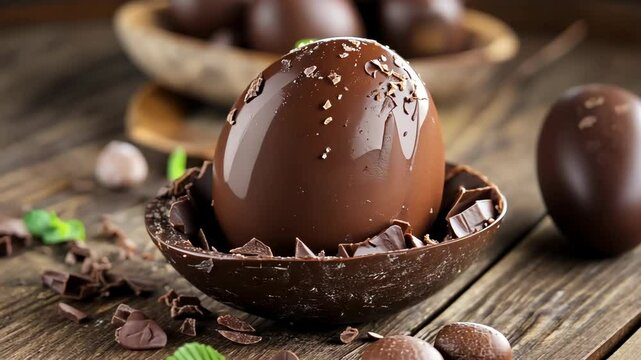 Chocolate egg dessert with shards of dark chocolate and fresh mint on a wooden table