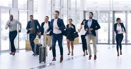 Luggage, running and rushing with business people in airport for International flight or trip....