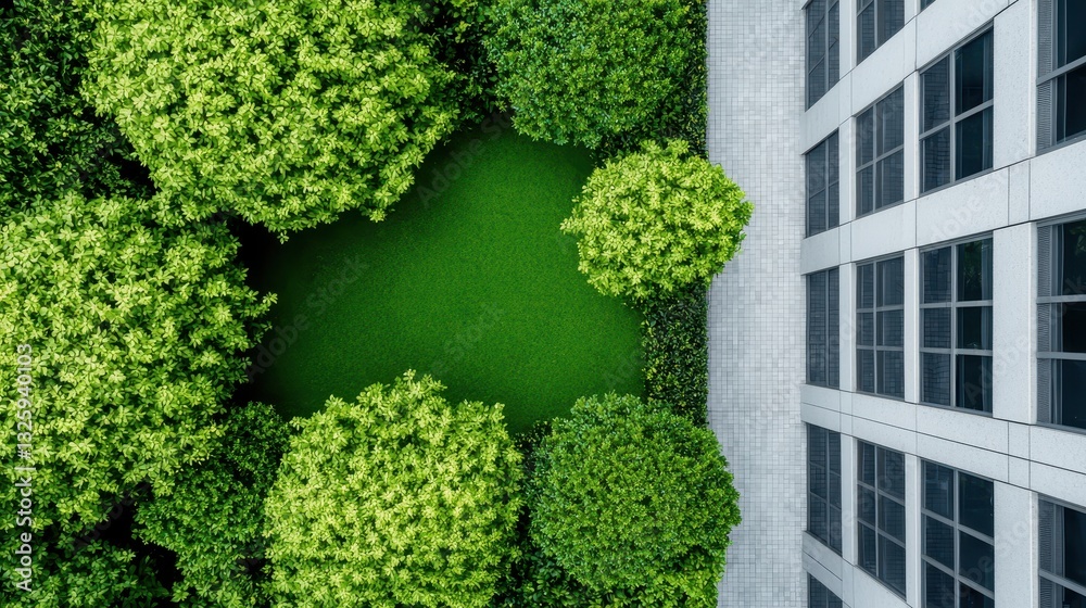 Poster aerial view of lush greenery surrounding a well-manicured lawn next to a modern building, showcasing