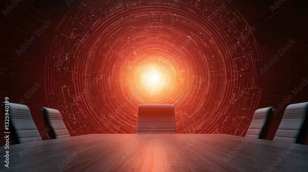 Aufkleber a futuristic conference room with a glowing red backdrop, featuring a central table and surrounding 