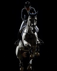 Equestrian rider and horse in mid-air during a jump, dramatic lighting.