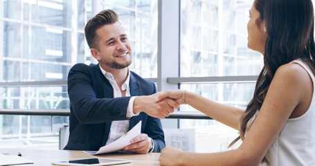 Business people, meeting or handshake with hiring for partnership, contract agreement or deal at...