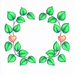 Fototapeta premium Bright Green Leaves Frame with Two Coral Hearts on White Background