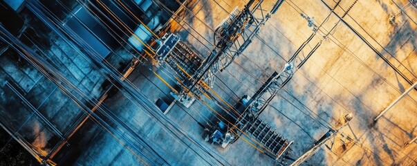 An overhead view of power lines carrying high voltage across a vast landscape, showcasing energy infrastructure.