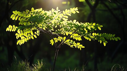 Obraz premium Small Tree with Green Leaves Glowing in Sunlight Nature Scene