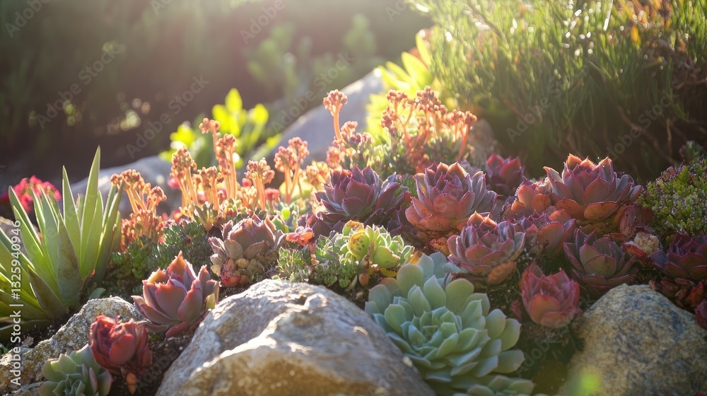 Poster a beautiful display of succulents in a garden with sunlight filtering through, casting a warm glow o